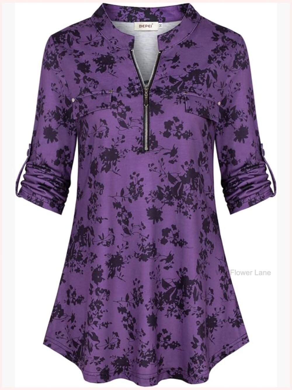 Women's Floral 3/4 Sleeve Zip Up V Neck Blouse Tunic Top